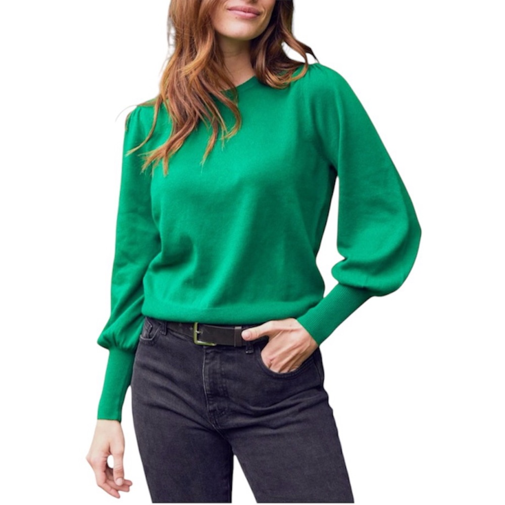 Halogen Soft Merino Wool Blend Green Crewneck Puff Sleeves Wide Cuffs EUC Sz M